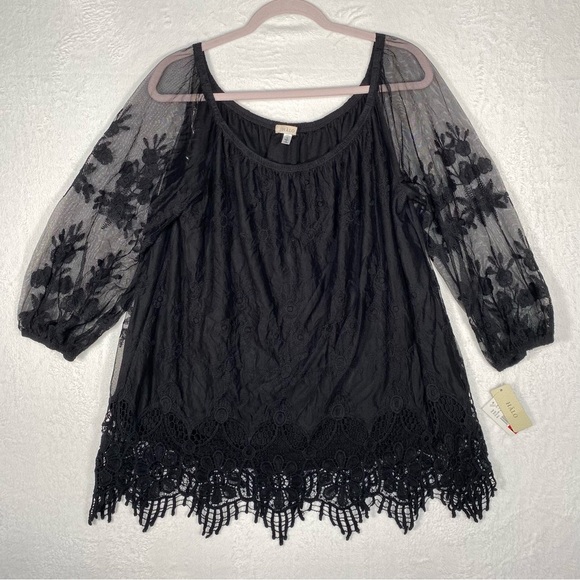 NWT Halo Black Flowing Top 3/4 Sleeve Size 1X‎ Goth Witchy Whimsical - Picture 1 of 10